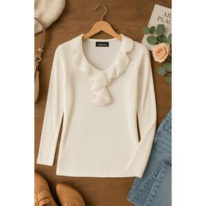Chico’s White Long Sleeve Ruffle Neck Knit Top Women’s M | Rayon/Chiffon Trim
